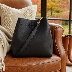 NEW Tory Burch Mcgraw Black Pebbled Leather Bucket Shoulder Tote Bag